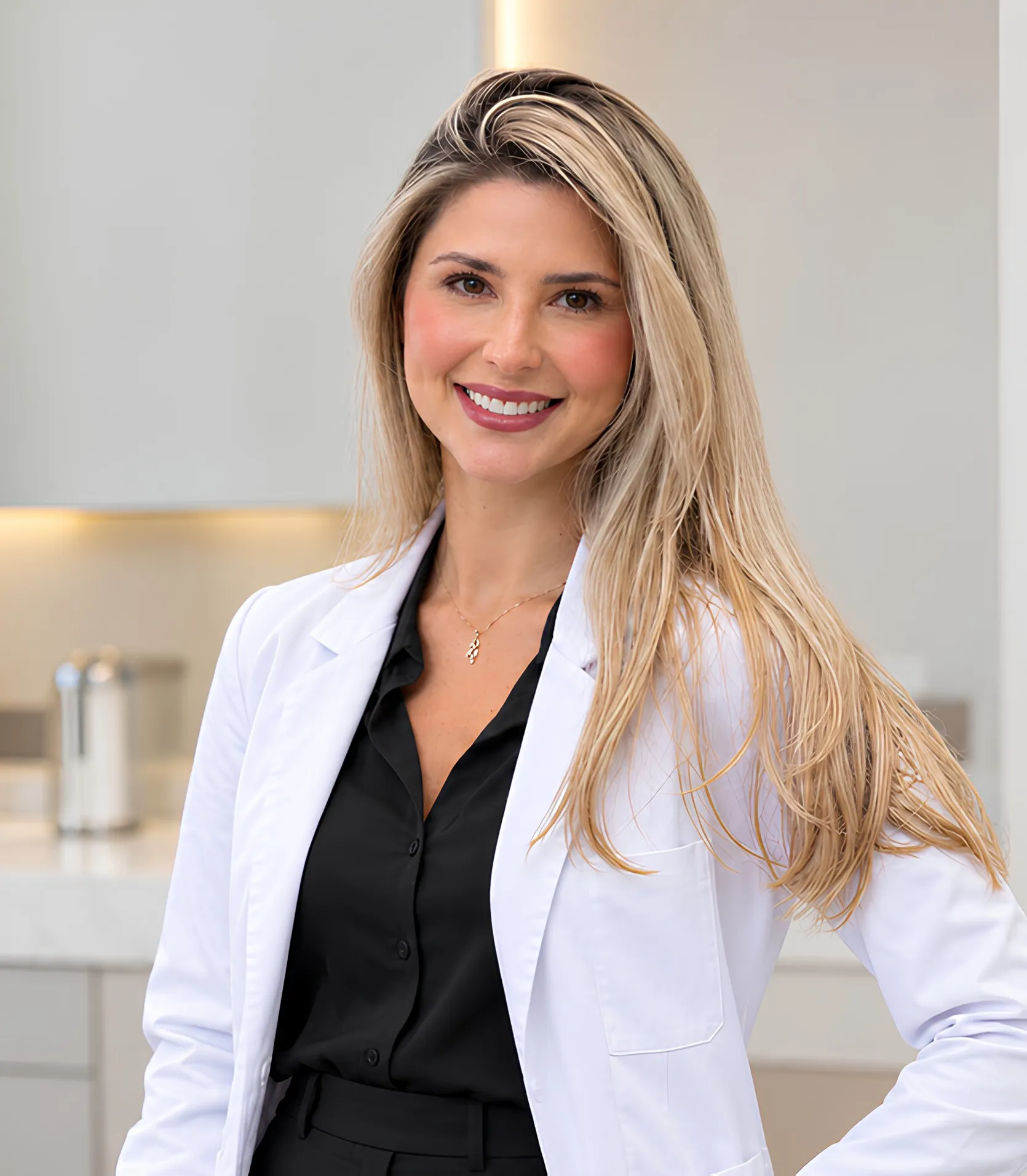 Dra. Natalie Campos de jaleco branco em seu consultório