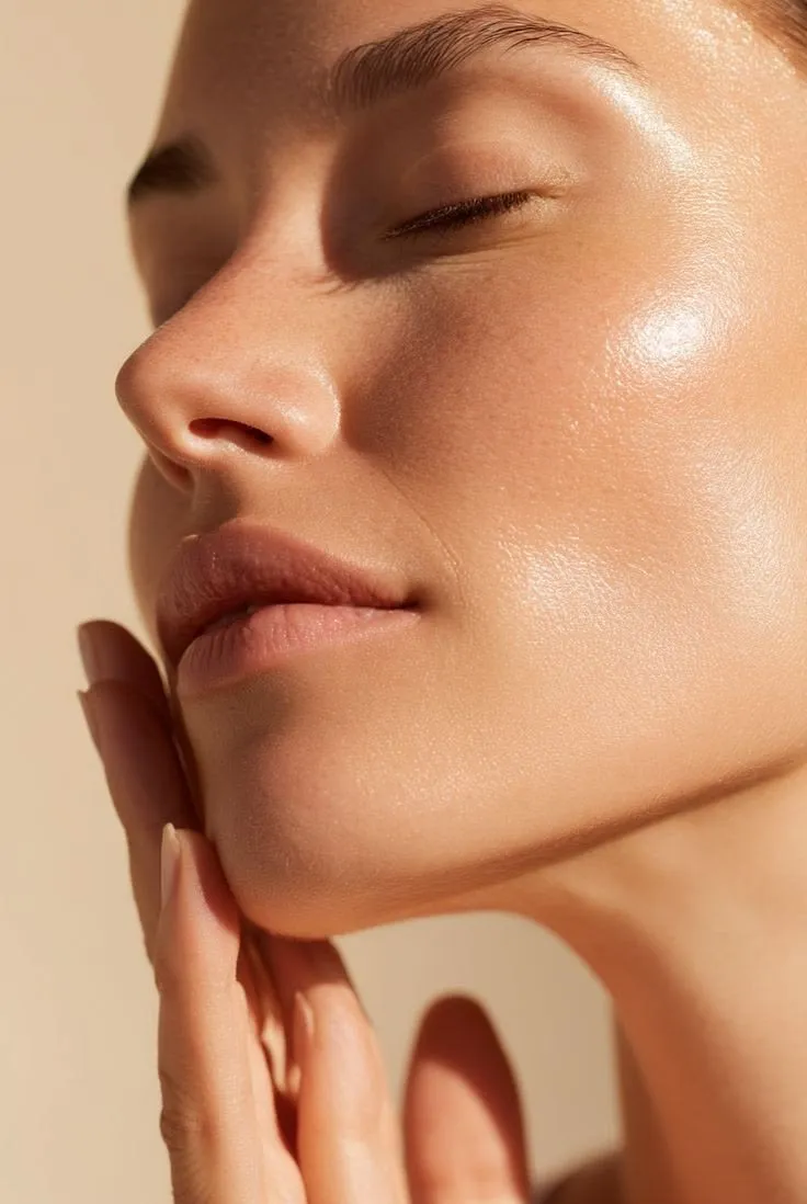 Rosto de perfil com pele iluminada e lábios hidratados
